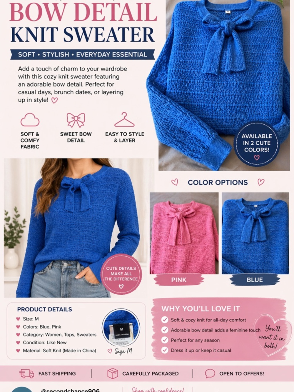 Blue and pink Knit Sweater with Bow Detail